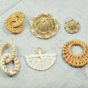 4pcs handwoven rattan earring charms, natural rattan charms wooden straw pieces, woven by hand boho jewelry making blanks