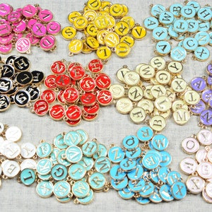 Wholesale 26 or 10 Round Enamel letter charms, Gold tone Oil drop Initial letter discs, Assorted Double sided letter coins 12mm