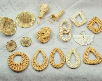 4 pcs Handwoven rattan charms, Natural rattan wood straw pieces, woven by hand assorted rattan pendant earrings