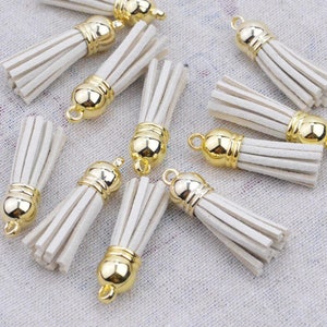 1.5&#39;&#39; mini tassels, 50 pcs Beige tassel charms, faux suede leather tassel with gold plastic cap