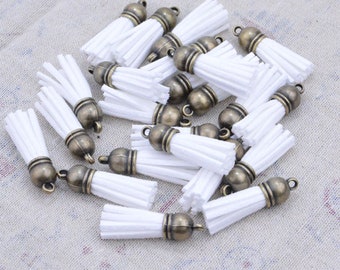 1.5'' mini tassels, 50pcs wholesale White Tassel charms, faux suede leather tassel with antique bronze plastic cap