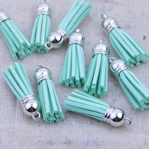 1.5&#39;&#39; mini tassels, 50 pcs tassel charms for keychain crafts, Aqua faux suede leather tassel with silver plastic cap