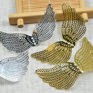 5 piezas/10 piezas de alas de latón plateado/dorado, dijes de alas de filigrana, mariposa de filigrana vintage