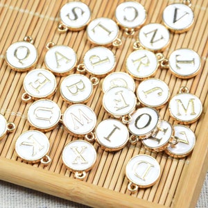 White and gold Enamel letter charms, double sided Alphabet letter tags, 10pcs pick your letters, 1 set A-Z letter disc pendants