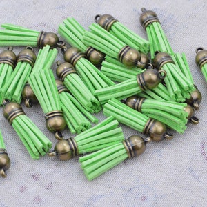 1.5&#39;&#39; mini tassels, 50pcs apple green tassel charms, faux suede leather tassel with antique bronze plastic cap