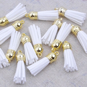 1.5&#39;&#39; mini tassels, 50 pcs White tassels for keychains, faux suede leather tassel with gold plastic cap