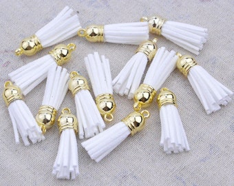 1.5'' mini tassels, 50 pcs White tassels for keychains, faux suede leather tassel with gold plastic cap