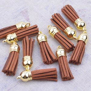 1.5&#39;&#39; mini tassels, 50pcs Coffee tassel charms, faux suede leather tassel with gold plastic caps