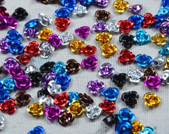 100 piezas/juego de flores de aluminio, rosa de aluminio pequeña de 10 mm para suministro de bricolaje, 10 colores, elige tu color