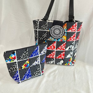 Embroidered patchwork tote