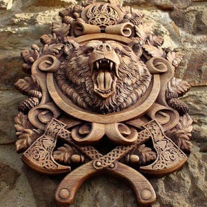 Handmade Viking bear, Wooden hanging plaque, Viking bear carving, Elegant wood carved gift with an art on a wall ,Celtic lord of woods.