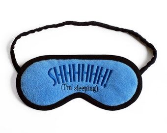 Blaue Schlafmaske, Text "Shh! I'm Sleeping", Unisex Schlafmaske, bestickte Augenbinde