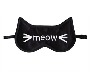 Meow Sleep Mask, Black Cat Sleeping Eye Mask, Playful Kitty Sleepmask, Funny Gift for Cat Lover, Satin Kitten Eyemask, Slogan Embroidery