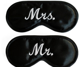 Mrs. Mr. Sleep Masks, wedding night gift, Set of 2 for couple, black sleeping eye mask, white text, wife and husband, her him his hers, silk