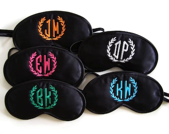 Custom initials sleep mask, Personalized monogram, Laurel wreath customized eye mask, Floral frame embroidery, Black satin, Cotton or silk