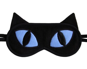 Black Cat Sleep Mask, Crazy cat lady, Animal totem sleeping eye mask, Blue applique eyemask, Gift for pet lover, Kitty sleepmask for her him