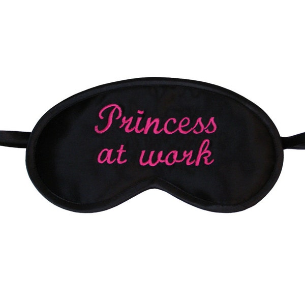 Princess at work sleep mask, Sleeping eye mask, Funny eyemask, Text sleepmask, Embroidery gift for her, Neon pink typography black blindfold