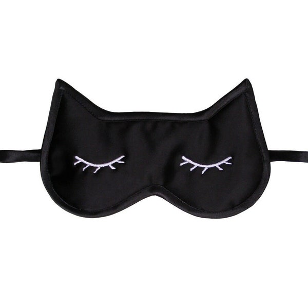 Katzen Schlafmaske, Sleepy Kitty Gesichtsmaske, schlafende Augenmaske, Katzenliebhaber Geschenk, Wimpern Schlafmaske, Seidensatin oder Baumwollmaske, schwarze Augenbinde