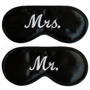 Mrs. Mr. Sleep Masks, wedding night gift, Set of 2 for couple, black sleeping eye mask, white text, wife and husband, her him his hers, silk image 1