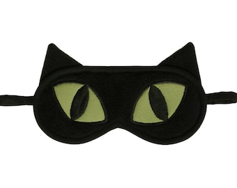 Cat Sleep Mask, Black cat blindfold, Eye pillow, Animal sleep mask, Cute green sleeping eye mask, Kitty cat ears sleepmask, Gift for her him