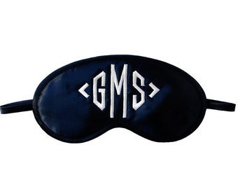 Personalized monogram sleep mask, initials eye mask, customized gift for him her, white monogrammed embroidery, black satin accessories