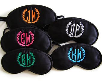 Custom initials sleep mask, Personalized monogram, Laurel wreath customized eye mask, Floral frame embroidery, Black satin, Cotton or silk