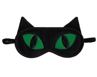 Cat sleep mask, Black cat eye mask, Animal blindfold sleeping eye mask, Cat ears sleepmask, Green kawaii gift for her, Emerald gift for him