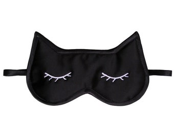 Cat Sleep Mask, Sleepy Kitty Face Mask, Sleeping Eye Mask, Cat lover gift, Eyelashes sleep mask, Silk Satin or Cotton Mask, Black blindfold