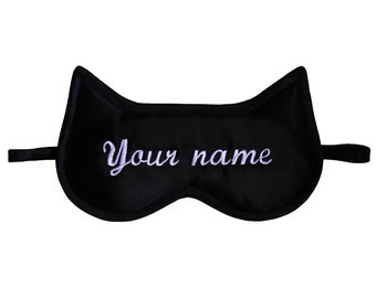 Black Cat Personalized Sleeping Eye Mask, Your Name Sleep Mask, Customized Embroidery, Slogan Cat Lover Gift, Satin Text Quote Eyemask