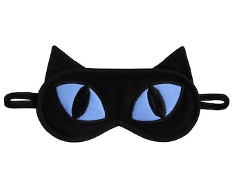 Black Cat Sleep Mask, Crazy cat lady, Animal totem sleeping eye mask, Blue applique eyemask, Gift for pet lover, Kitty sleepmask for her him
