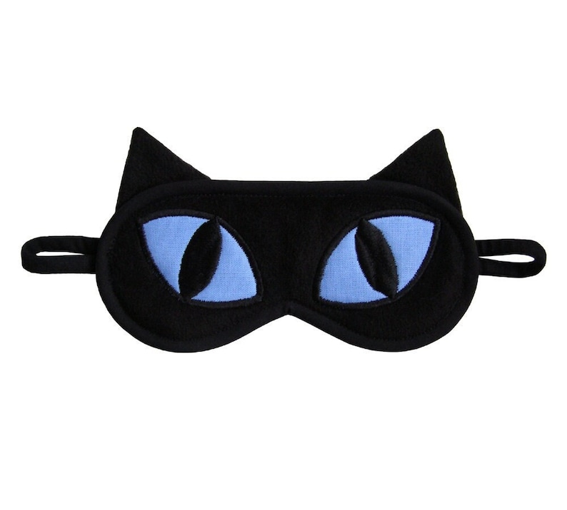 Black Cat Sleep Mask, Crazy cat lady, Animal totem sleeping eye mask, Blue applique eyemask, Gift for pet lover, Kitty sleepmask for her him image 1