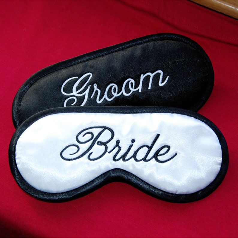 Bride & Groom Sleep Masks, set of 2, wife and husband wedding sleeping eye mask, bridal shower, white gift for couple, his and hers marriage image 1