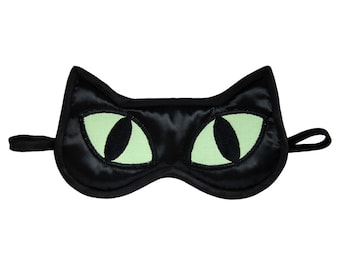 Black Cat Sleep Mask, Cat lover gift, Animal Totem Eye Mask, Black satin catnap eye pillow, Neon celadon sleeping face, Cosplay gift for her