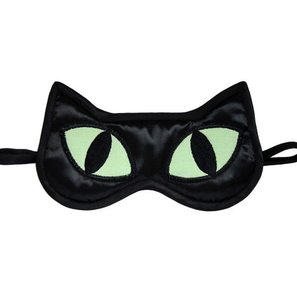 Black Cat Sleep Mask, Cat lover gift, Animal Totem Eye Mask, Black satin catnap eye pillow, Neon celadon sleeping face, Cosplay gift for her