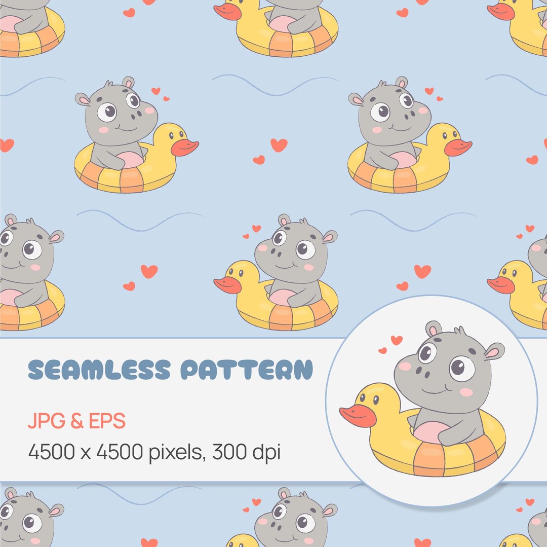 Cute Hippo Seamless Pattern – Baby Animal Vector Design – EPS & High ...