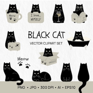 Funny Black Cat Clipart Bundle – Cute Vector Cats, Meow Quotes, Pattern – EPS, AI, PNG, Jpg