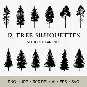 Ensemble SVG Silhouettes d'arbre | 12 cliparts d'arbres forestiers pour Cricut, Silhouette | à feuilles persistantes, pins, arbres forestiers Clipart | Vecteur, PNG