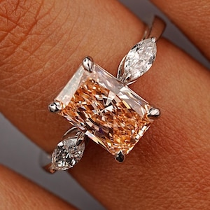 5 Carat Radiant Cut Fancy Pink Moissanite Ring, Three Stone Side Pear Ring, Engagement Ring, Wedding Ring for Her, Gift For Her,