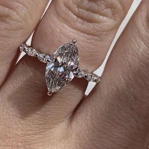 Marquise Cut Moissanite Engagement Ring, Hidden Halo Bridal Ring, Marquise Cut Moissanite Accent Set Ring, Anniversary Gift For Wife