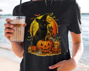 Retro Halloween Black Cat Witch Pumpkin Shirt, Comfort Colors Unisex Tee, Spooky Season Vintage Graphic