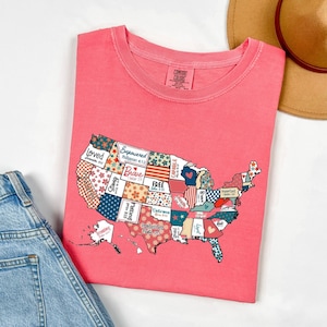 Chemises aux couleurs confortables, chemise rétro carte des États-Unis, chemise carte des États-Unis, carte des États-Unis, chemise fille américaine, chemise drapeau américain 1776, tee-shirt amérique