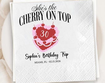 Personalized Cherry On Top Older Birthday Party Paper Napkins, Custom Cocktail Drinking Table Decor, Happy 30th Birthday Tableware