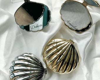 Personalisierter Muschel Taschenspiegel, Taschenspiegel mit Gravur, Brautjungfer Geschenk, Hochzeitsbevorzugung, Strand Thema Schminkspiegel