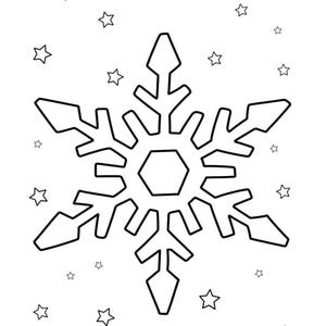 Puede incluir: Ilustración en blanco y negro de un copo de nieve con seis brazos simétricos y un centro hexagonal. Pequeñas estrellas dispersas alrededor del copo de nieve sobre un fondo blanco. Adecuado para manualidades de invierno.
