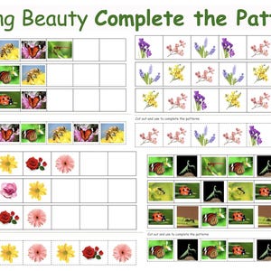 Könnte beinhalten: Ein Arbeitsblatt mit dem Titel "Spring Beauty Complete the Patterns" zeigt Reihen von Bildern von Blumen, Insekten und Mustern. Die Bilder zeigen Schmetterlinge, Bienen, Marienkäfer und verschiedene Blumen. Das Arbeitsblatt soll Kindern helfen, die Muster zu vervollständigen.