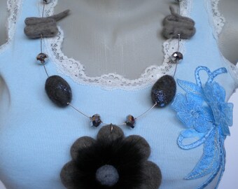 Sale 20% off Felt Flower Felted Beads on Metal String Necklace