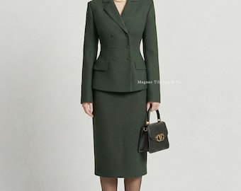Forest Green Tailored Blazer and Pencil Skirt Suit, Double-Breasted Office Set