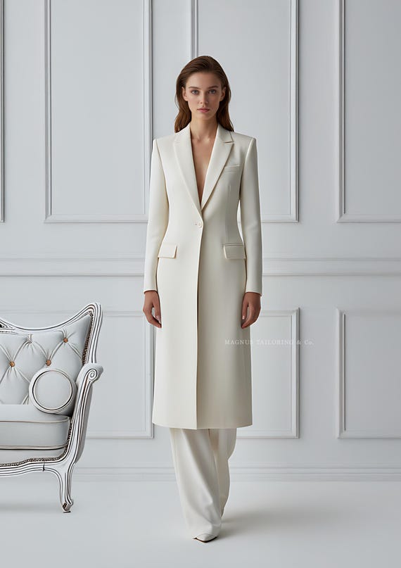 Ivory Long Coat Pantsuit | Elegant Bridal Tailored Suit