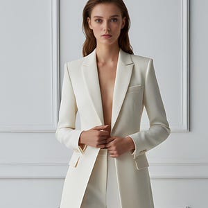 Close-up of lapel and button detailing on ivory formal suit