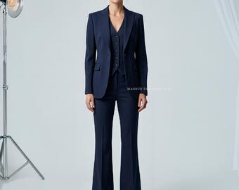 Marinblå kostymset för kvinnor, skräddarsydd 3-delad kostym, formellt set med kavaj och väst, utsvängda byxor med hög midja, kontorsklädsel